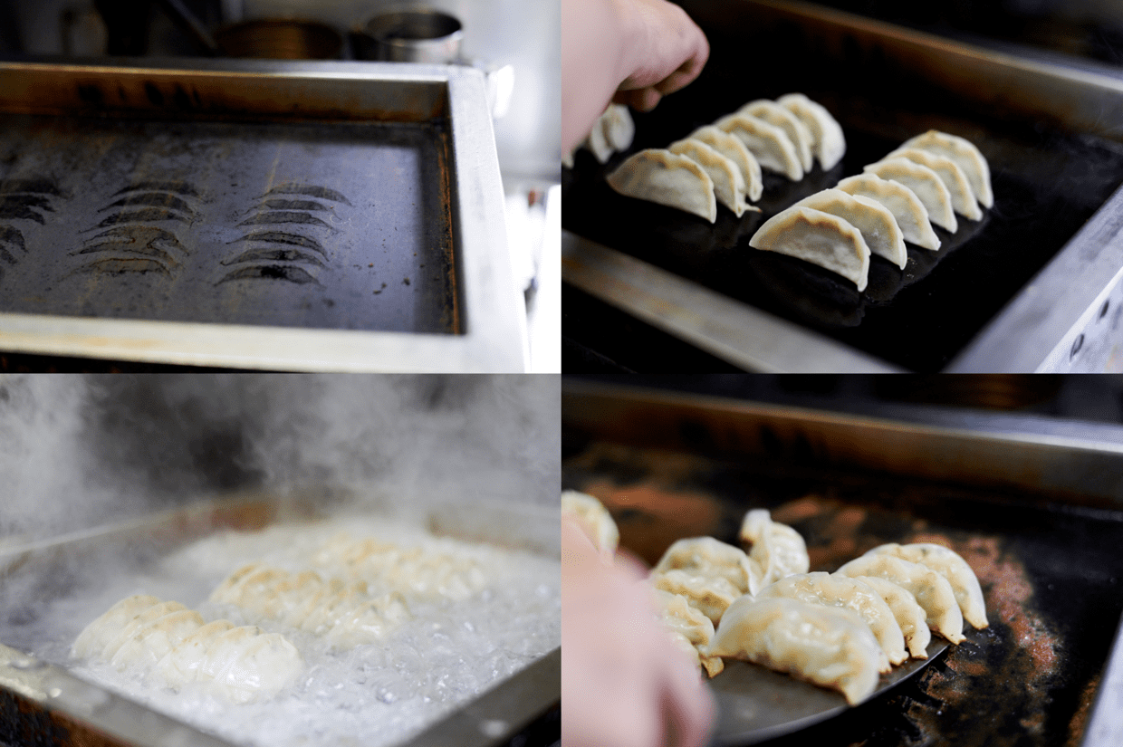 分厚い餃子用の鉄板で、どんどん餃子が焼かれていきます。