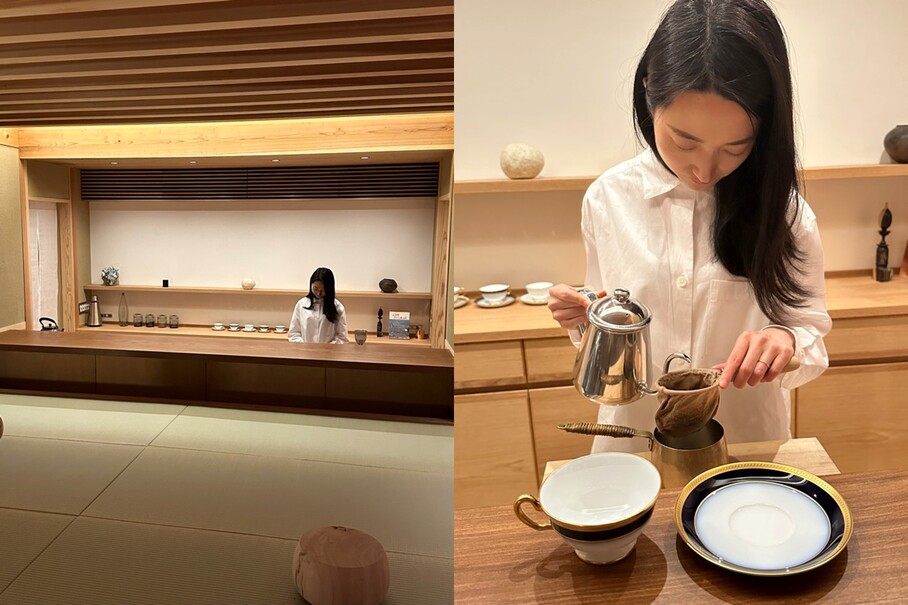 京都『喫茶 芳』のカウンターとコーヒーを淹れるスタッフ