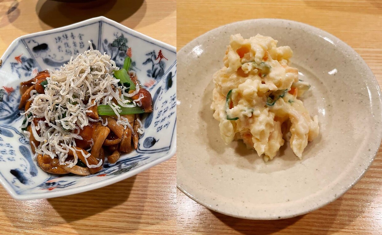 大阪・島之内の和食『酒菜屋 なないろ』ジャコと庄内なめこおろし、ポテトサラダ。