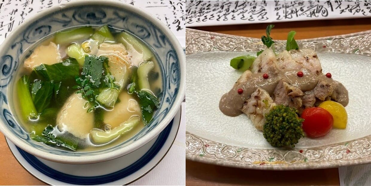 『おおさか料理　淺井東迎』のサエズリと青菜のスープ煮と、パイ豚塩漬 肝ソース掛け
