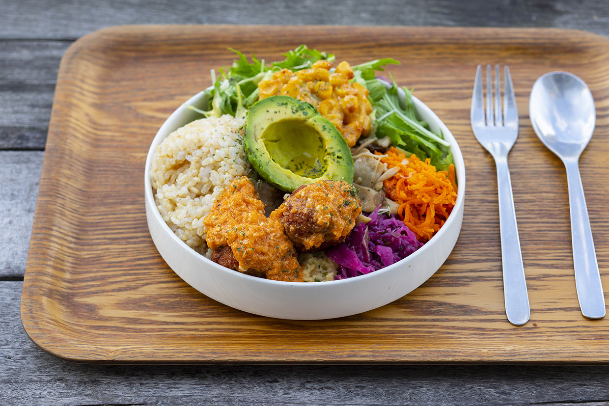 The famous vegan Buddha Bowl at Optimus Cafe in Kitahama (outdoor terrace seating available)