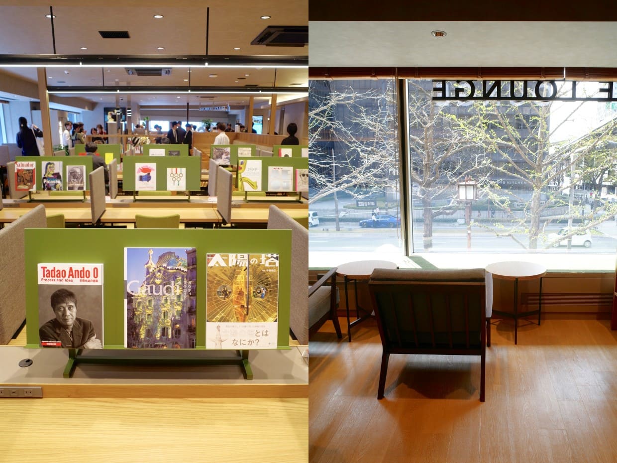 『Olive LOUNGE 船場』アート系の書籍が置かれた席、窓際の席