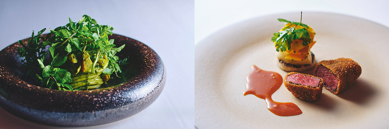 『OTTO SETTE』の「ジェノベーゼ」「コリンキーと鹿肉のコトレッタ」