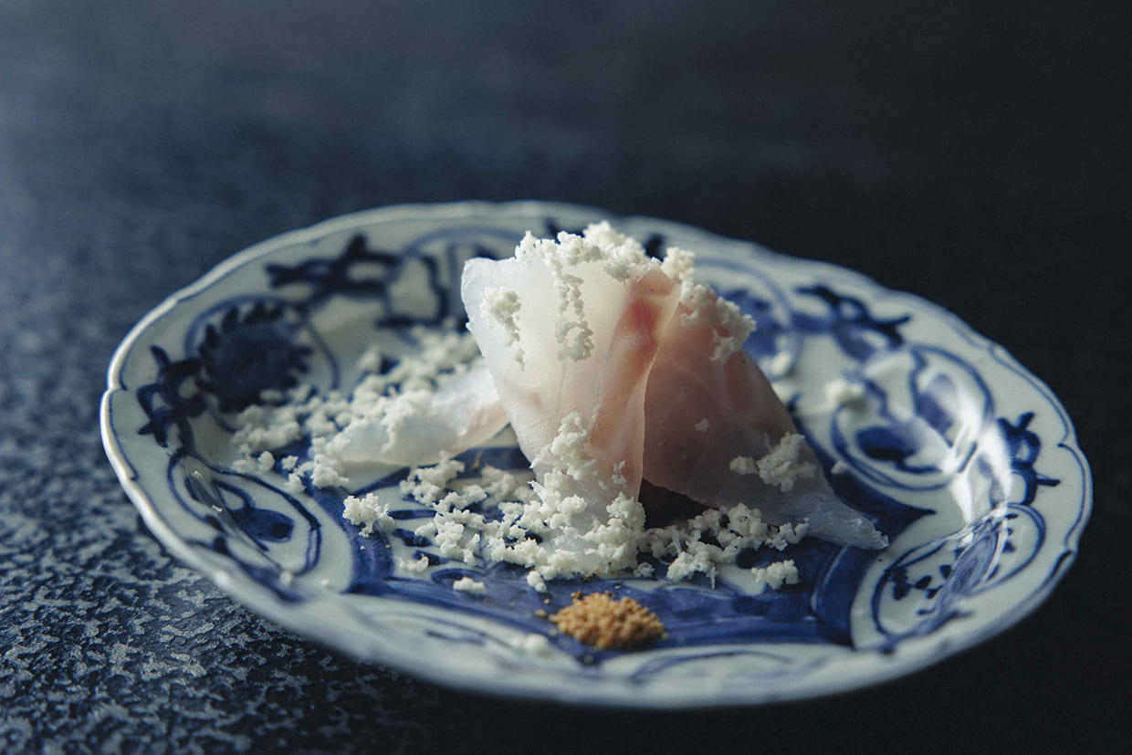 「羽太の生ハム締め 白山葵」