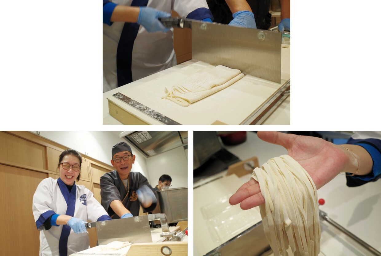 大阪『自家製麺 杵屋』「うどん打ち教室」麺をカットする