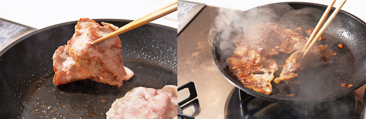 豚を焼く、タレを絡める