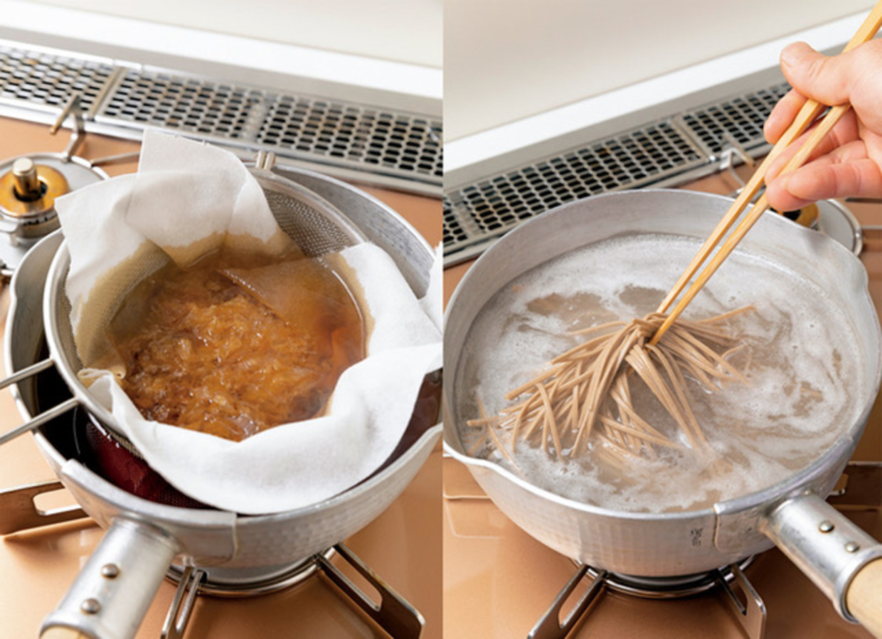 親子蕎麦のレシピ、茹でる