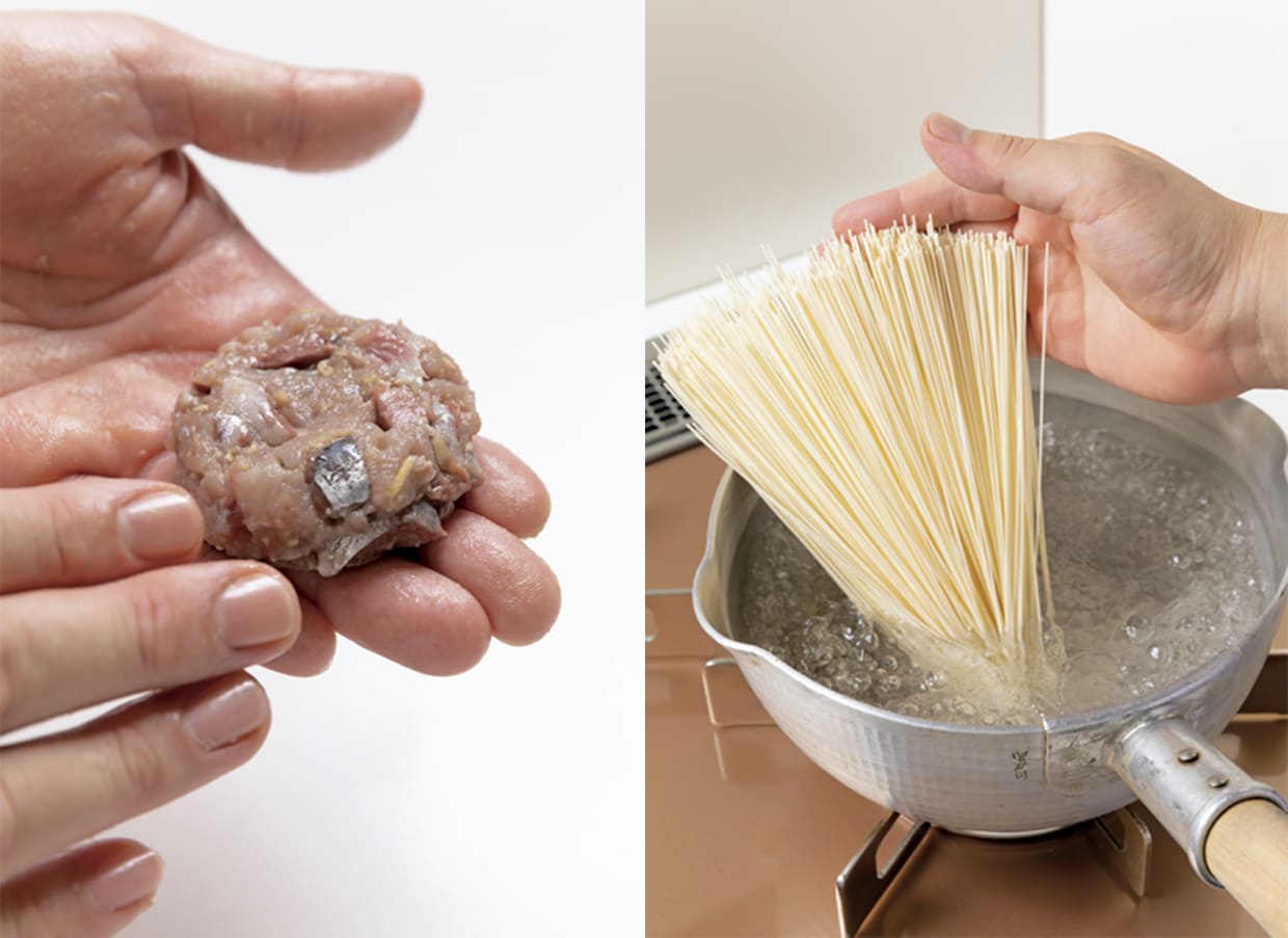 鰯のつみれにゅう麺のレシピ、つみれを作る・素麺を茹でる