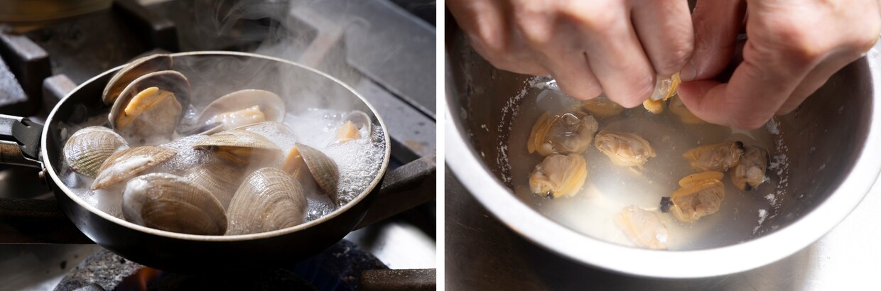 【ひと手間レシピ】『京都ネーゼ』シラスとアオサのパスタ、アサリだしを作る