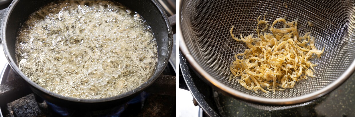 【ひと手間レシピ】『京都ネーゼ』シラスとアオサのパスタ、シラスを素揚げする