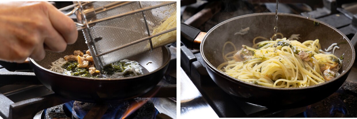 『京都ネーゼ』シラスとアオサのパスタ、スパゲッティーニを合わせる