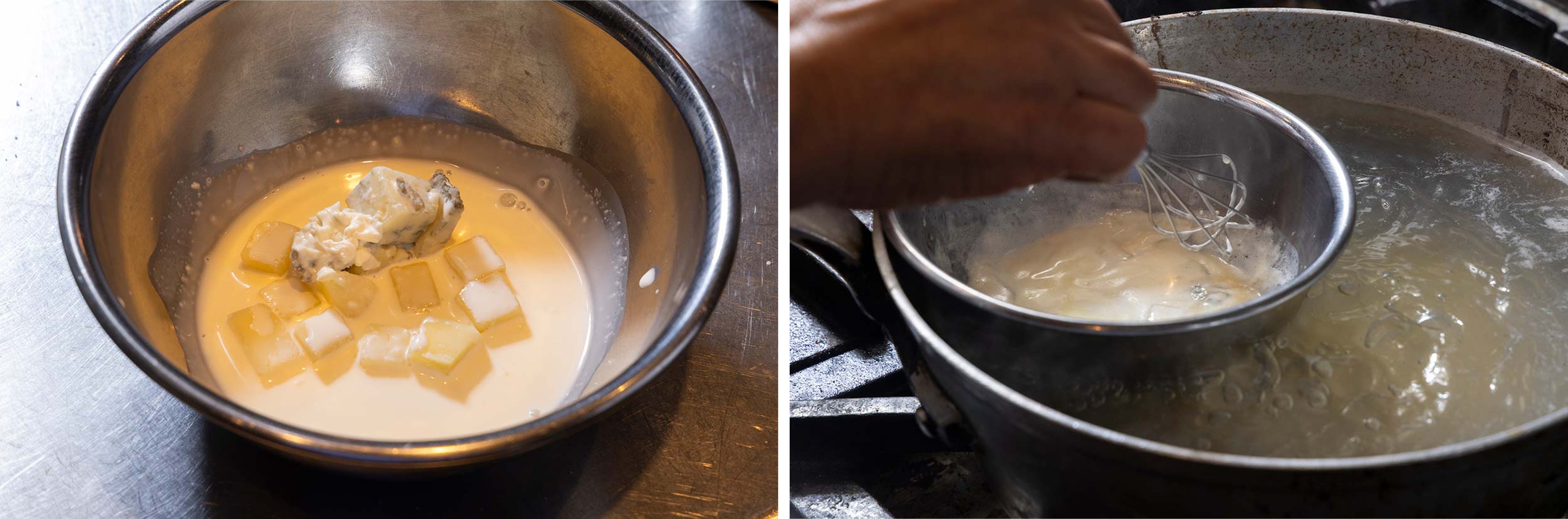 「4種のチーズのパスタ レシピ」チーズを湯煎