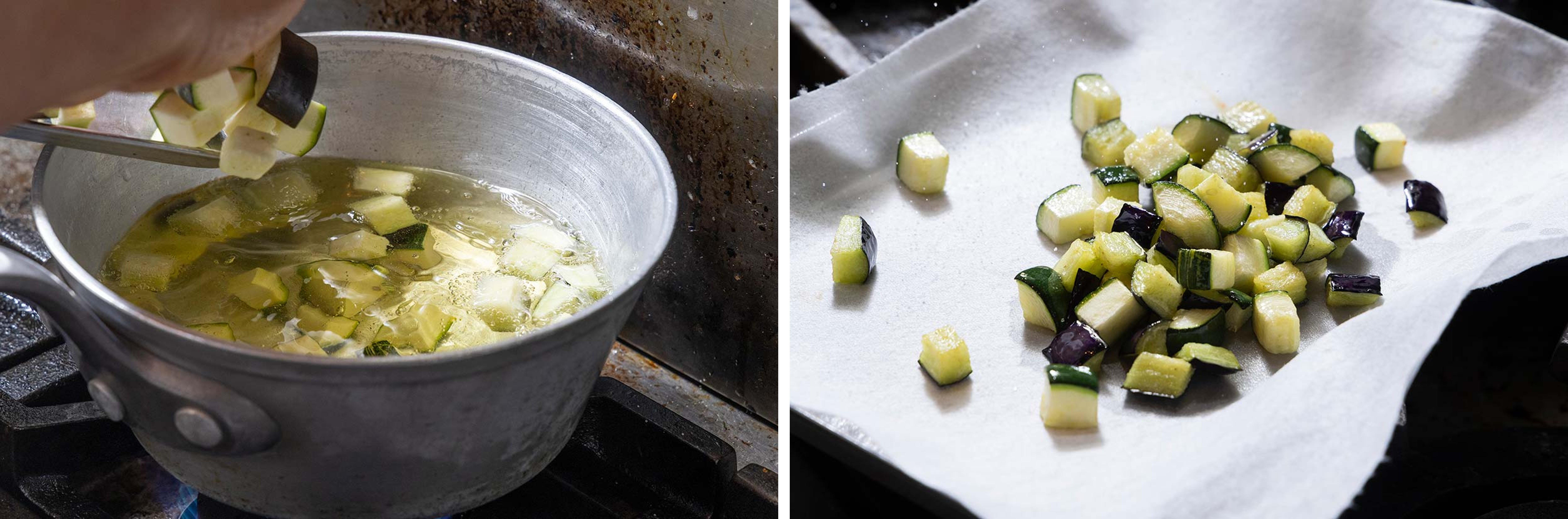 「ナスとズッキーニのスパゲッティ レシピ」ナスとズッキーニを素揚げする