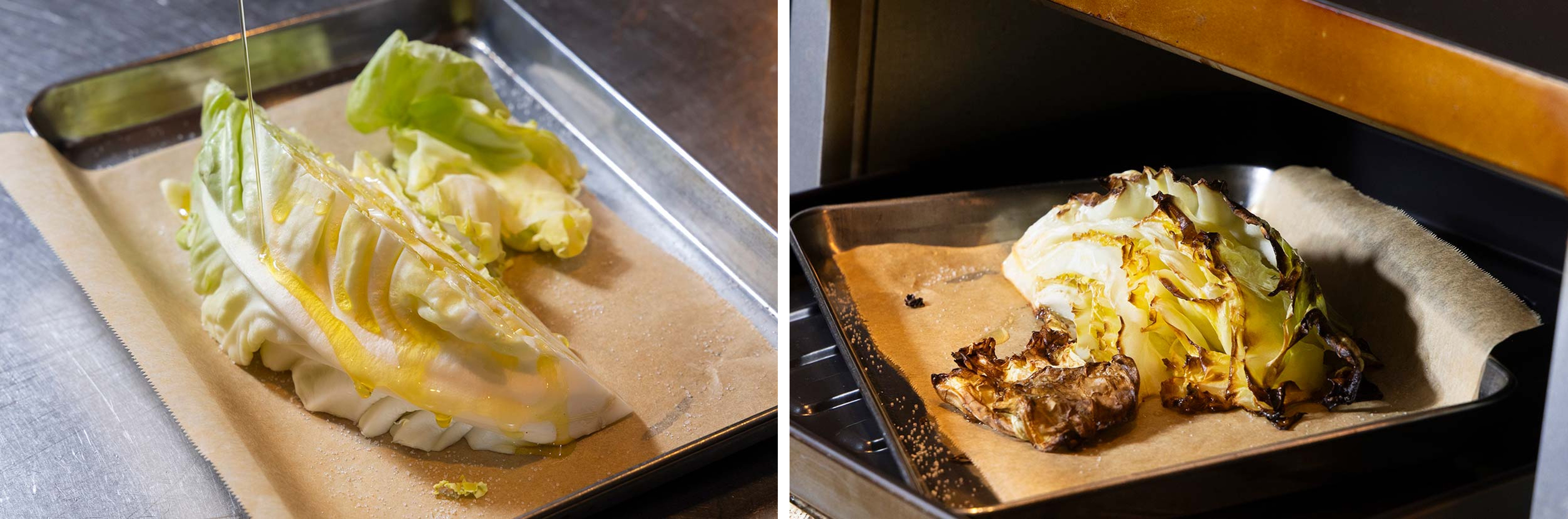 「焼きキャベツのパスタ　レシピ」キャベツをオーブントースターで焼き色が付くまで加熱