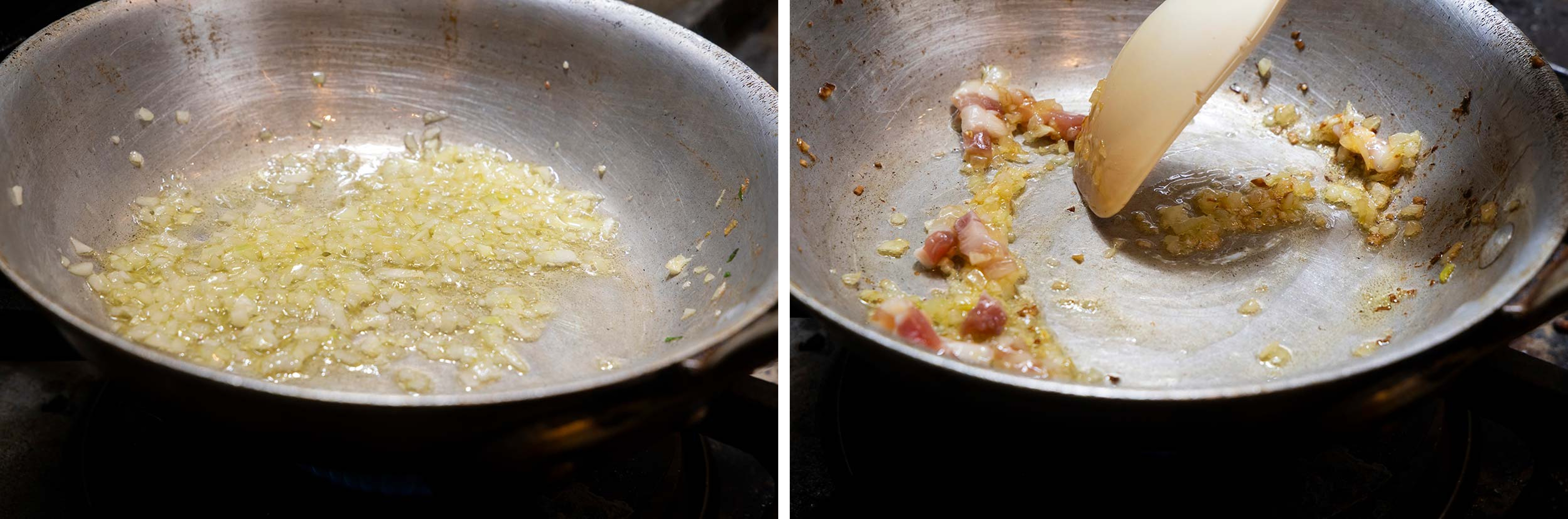 「焼きキャベツのパスタ　レシピ」玉ネギとパンチェッタを炒める