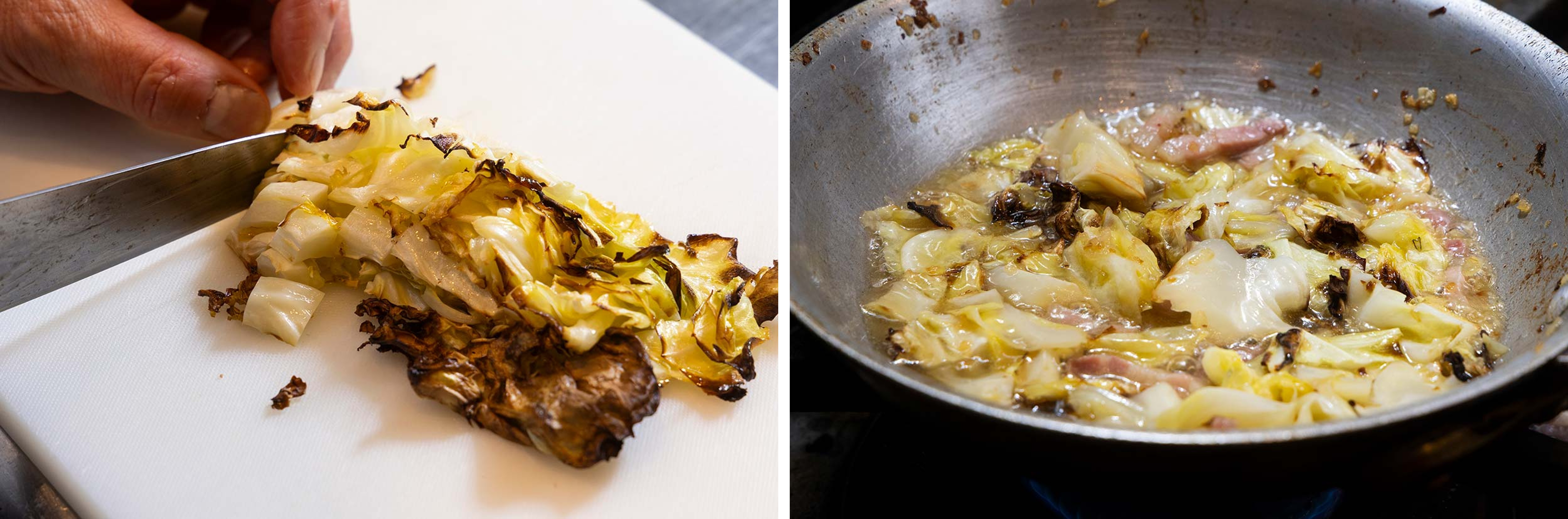 「焼きキャベツのパスタ　レシピ」キャベツを煮込む