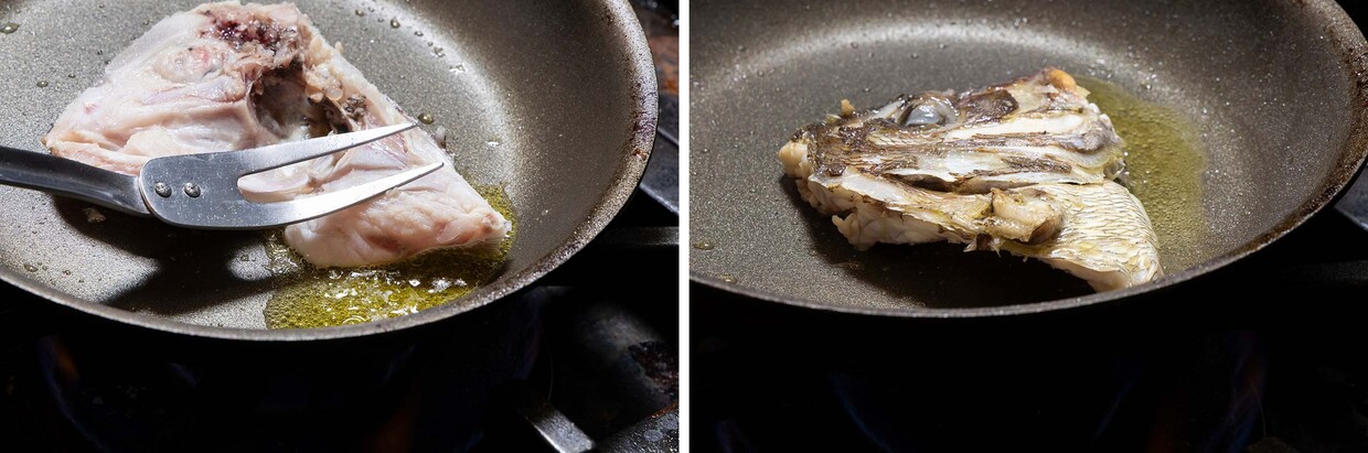「鯛アラのリングイネ」表面を焼く