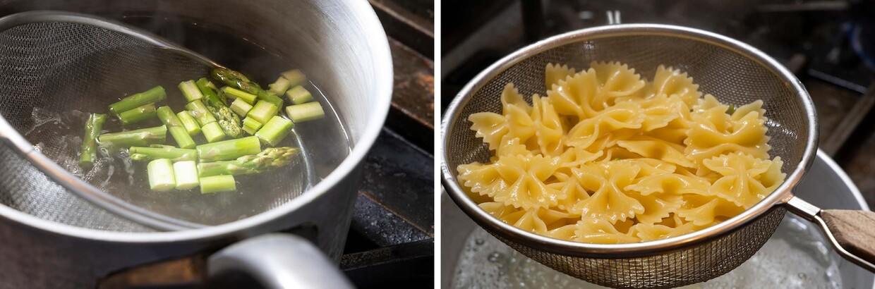 「鶏とポルチーニのショートパスタ」茹でる