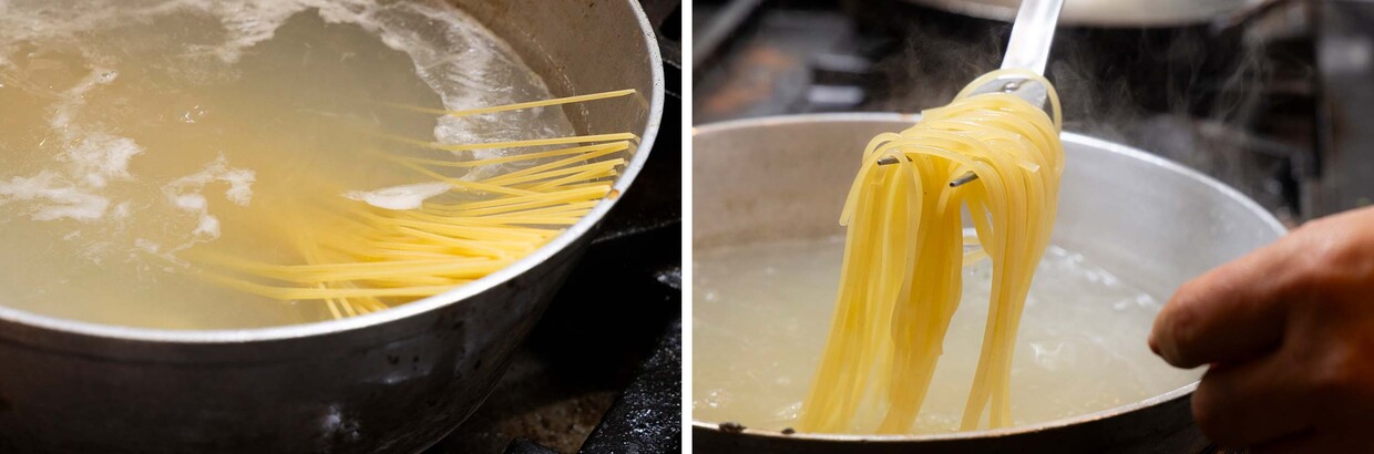 「ナスとズッキーニのスパゲッティ レシピ」スパゲッティを茹でる
