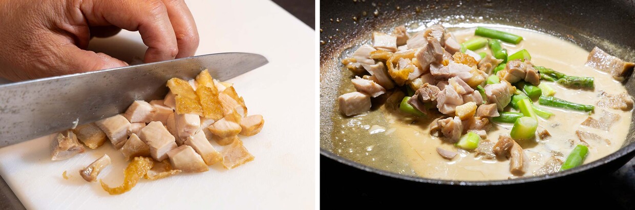 「鶏とポルチーニのショートパスタ」軽く煮込む