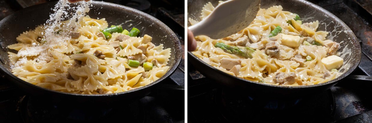 「鶏とポルチーニのショートパスタ」仕上げ