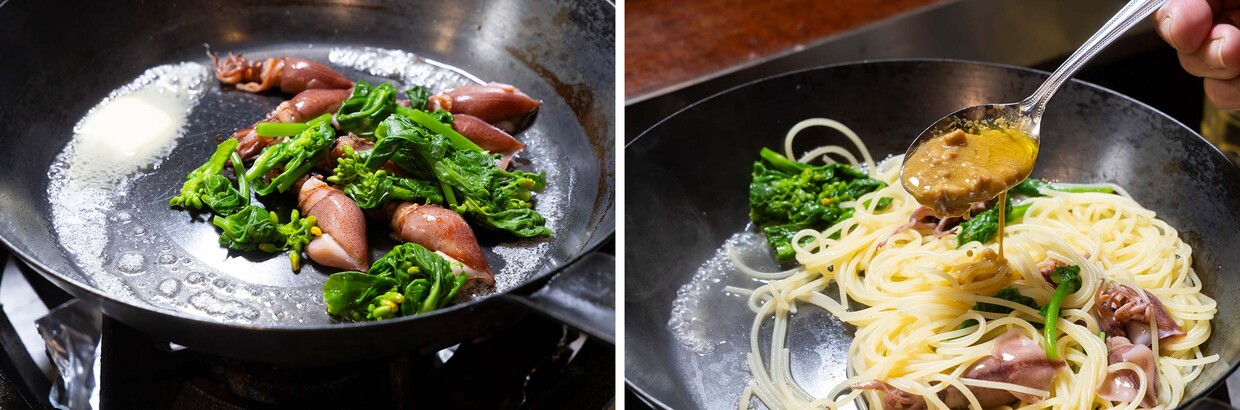 スダチ果汁で味変も！「ホタルイカの塩辛オイルパスタ」完成