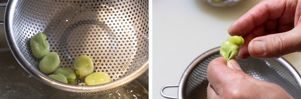 割烹的ジェノベーゼ「大葉ソースのパスタ」空豆を茹でる
