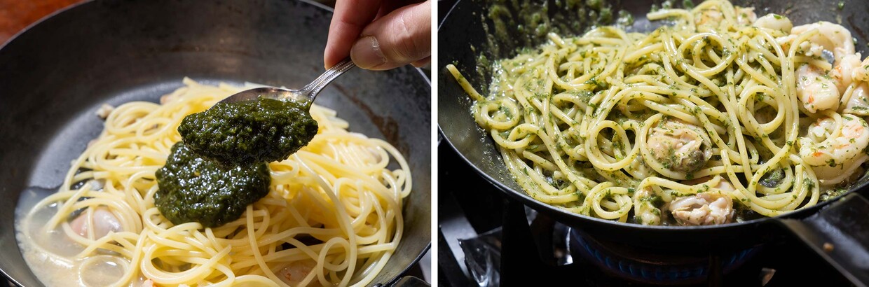 割烹的ジェノベーゼ「大葉ソースのパスタ」和える