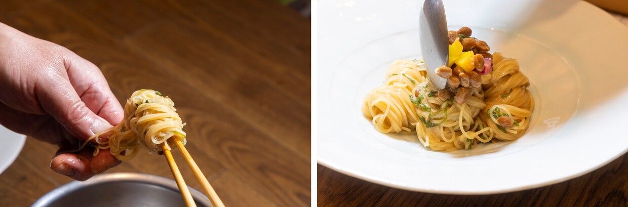 牡蛎醤油で味わう「納豆のカッペリーニ」巻き付ける