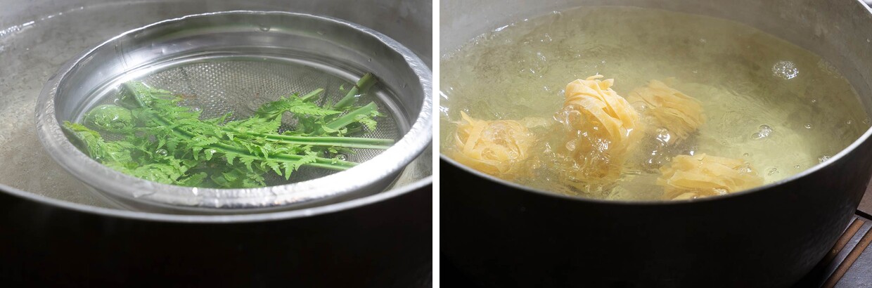 「真鯛と白ネギのラグーパスタ」茹でる