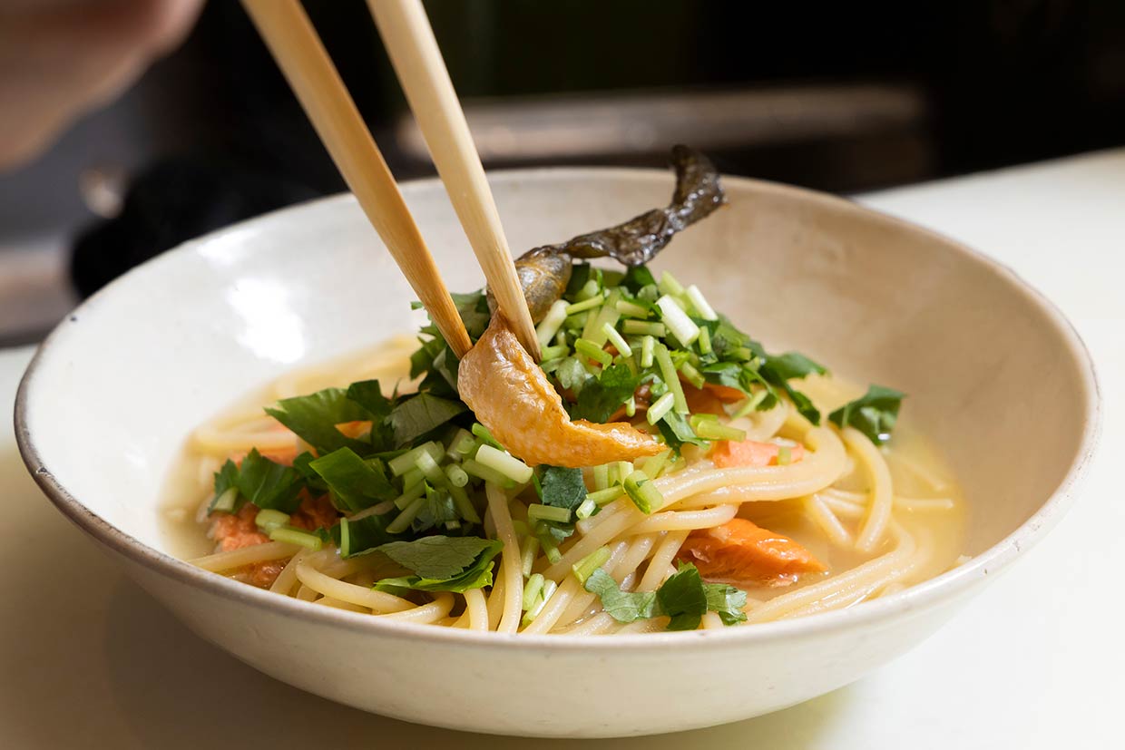 「塩鮭の茶漬け風パスタレシピ」完成