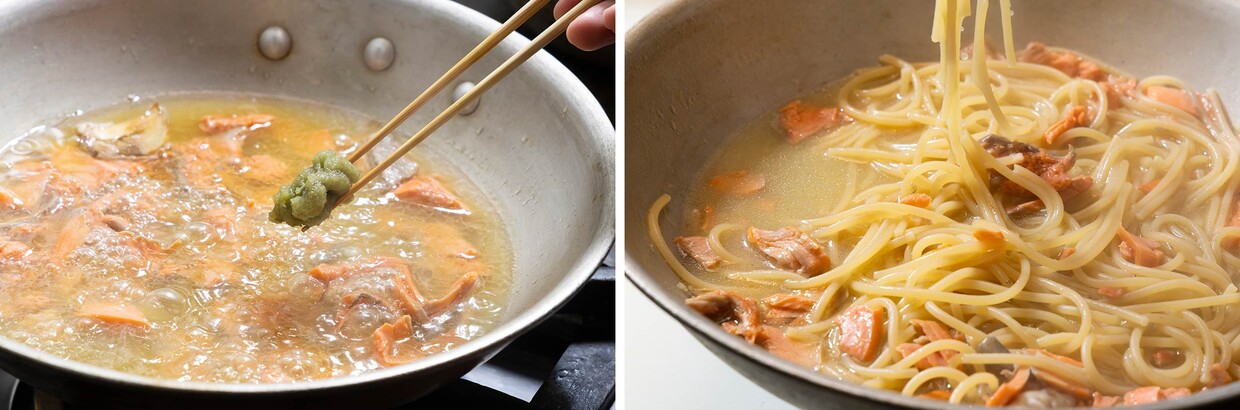 「塩鮭の茶漬け風パスタレシピ」煮込む