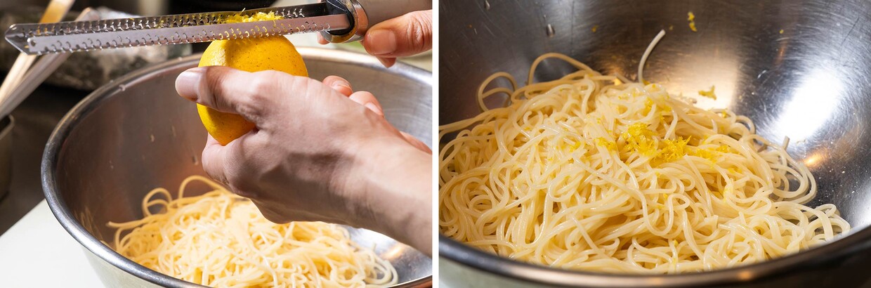 「春菊ジェノべーゼの冷製パスタ」レモンを入れる