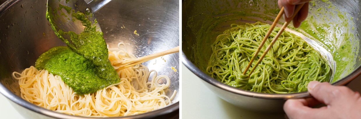 「春菊ジェノべーゼの冷製パスタ」和える