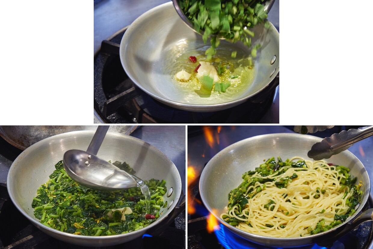 「菜花のくたくた煮込みパスタレシピ」作り方