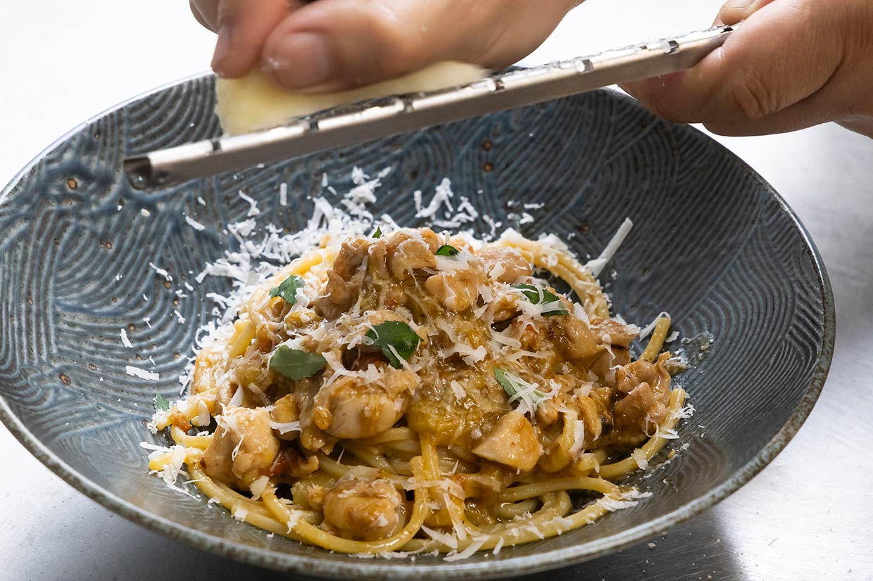 「ナスと鶏モモの山椒風味スパゲッティ」レシピ、完成