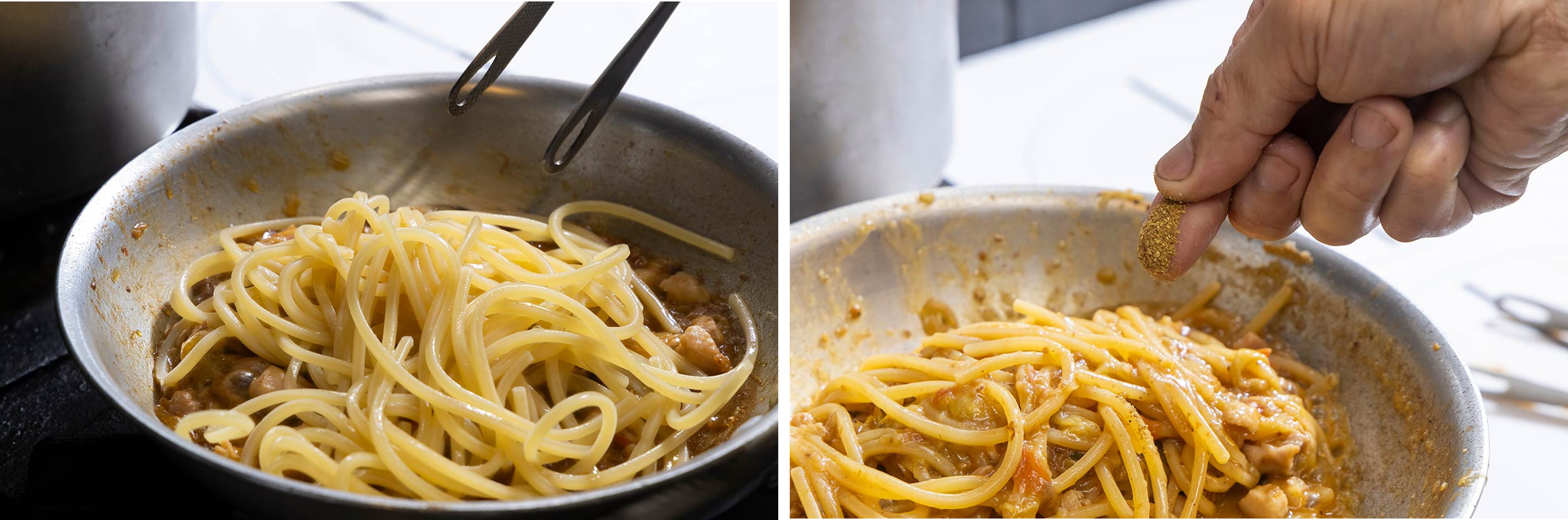 「ナスと鶏モモの山椒風味スパゲッティ」レシピ、粉山椒をかける
