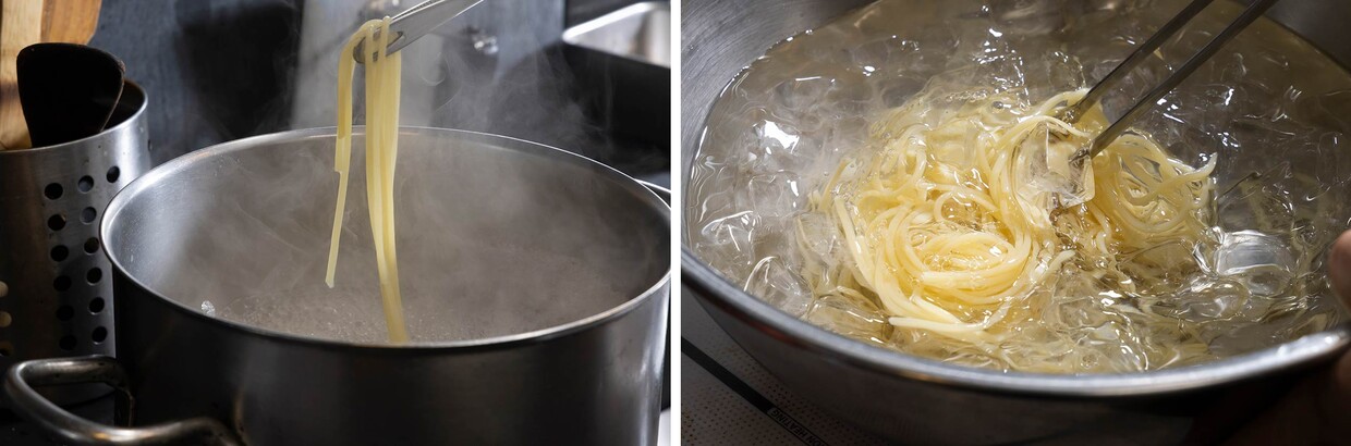 「焼きナスとミントの冷製パスタレシピ」パスタの茹で方