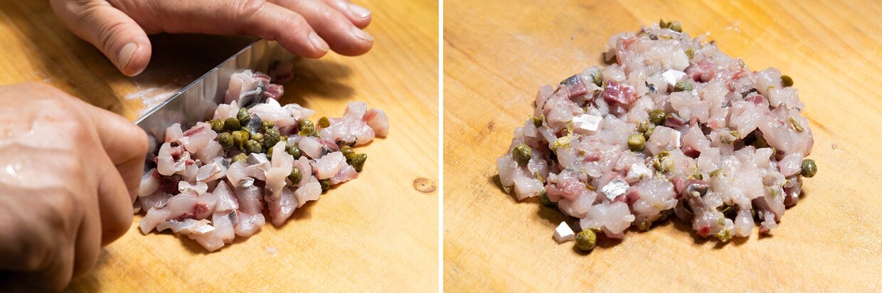 「アジのタルタル 冷製カッペリーニ」タルタル作り