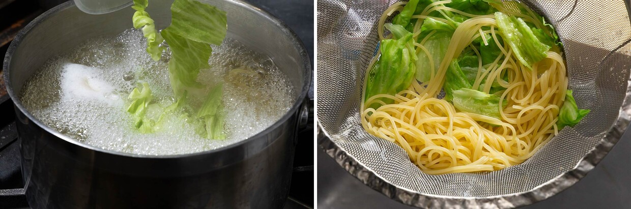 ボウルで和えるだけ！「ツナ缶とレタスのスパゲッティ」レタスを茹でる