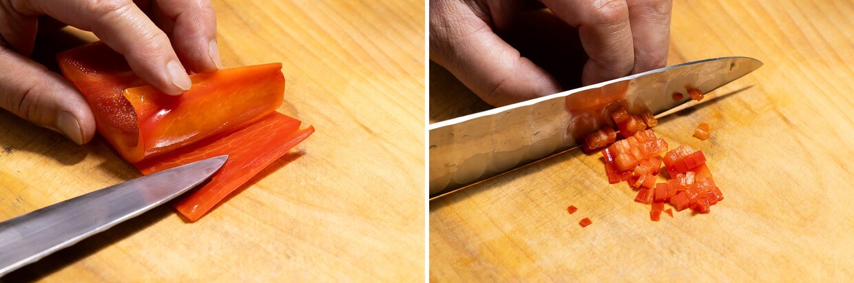 「アジのタルタル 冷製カッペリーニ」食材を刻む