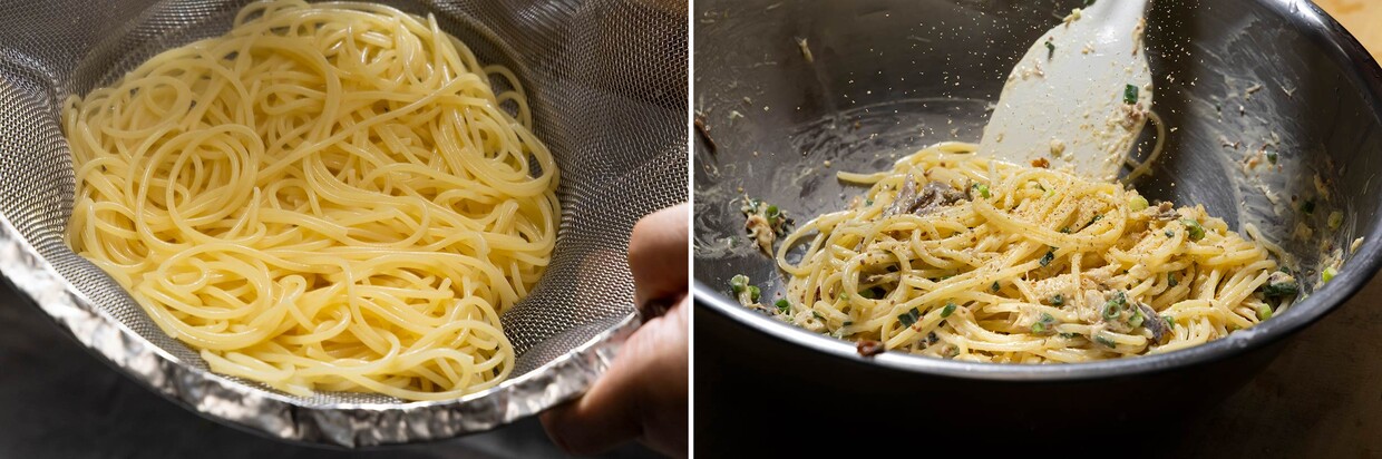 「塩鯖のマヨパスタ」仕上げ