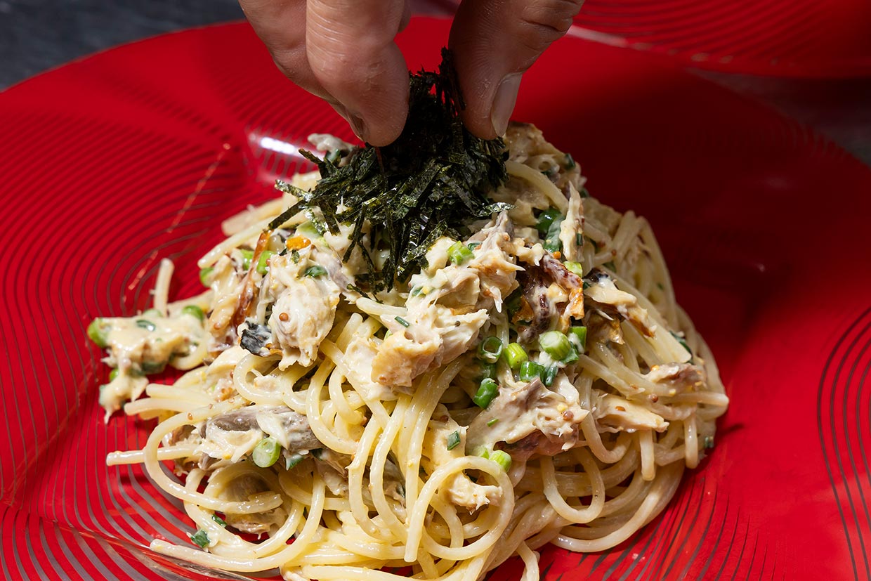 「塩鯖のマヨパスタ」