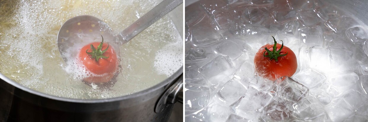 「アジのタルタル 冷製カッペリーニ」トマトを湯剥きする