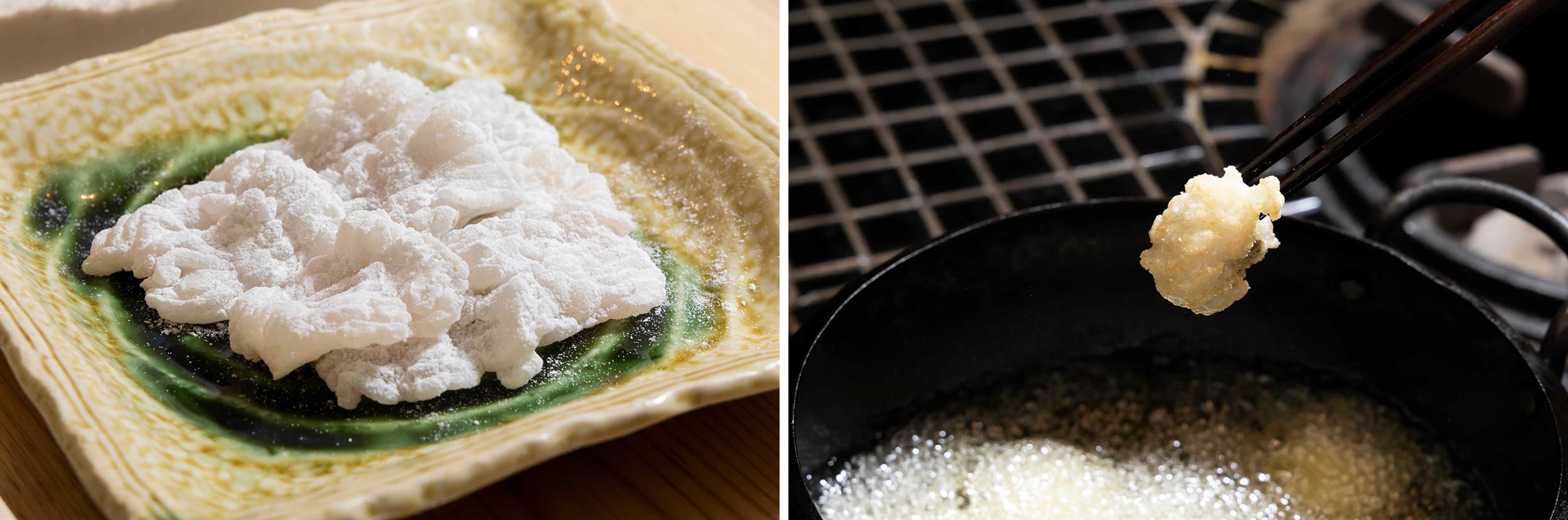 「鱧と焼き茄子の冷製パスタ」鱧を揚げる