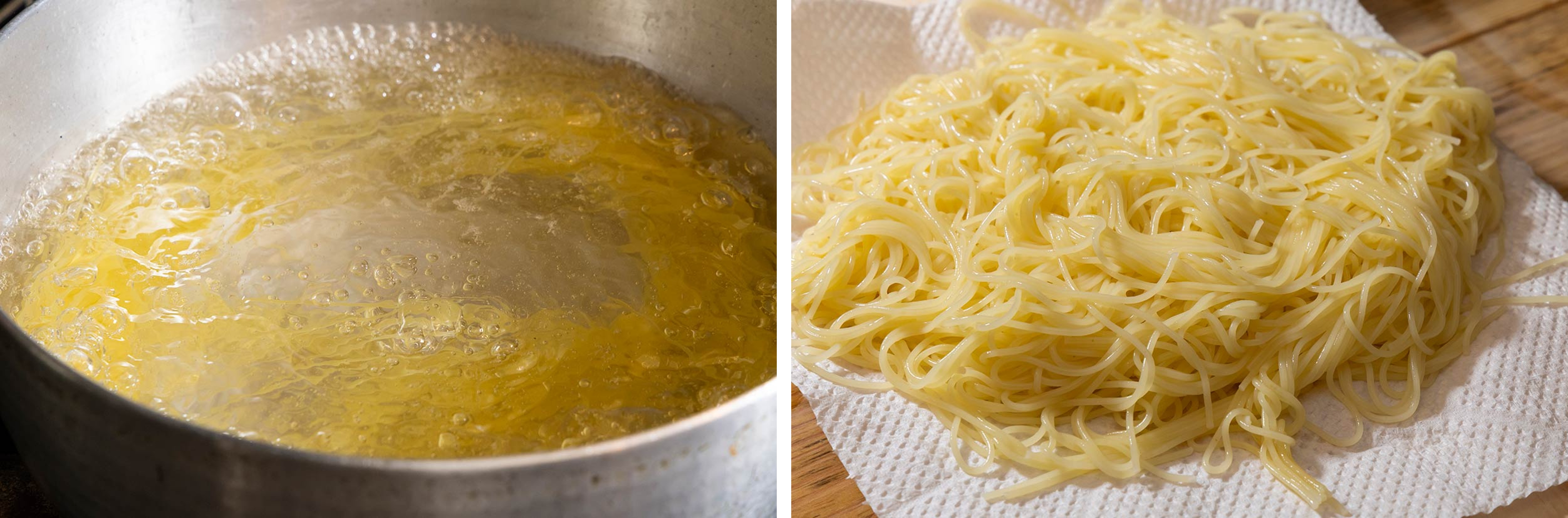 「鱧と焼き茄子の冷製パスタ」カッペリーニを茹でる