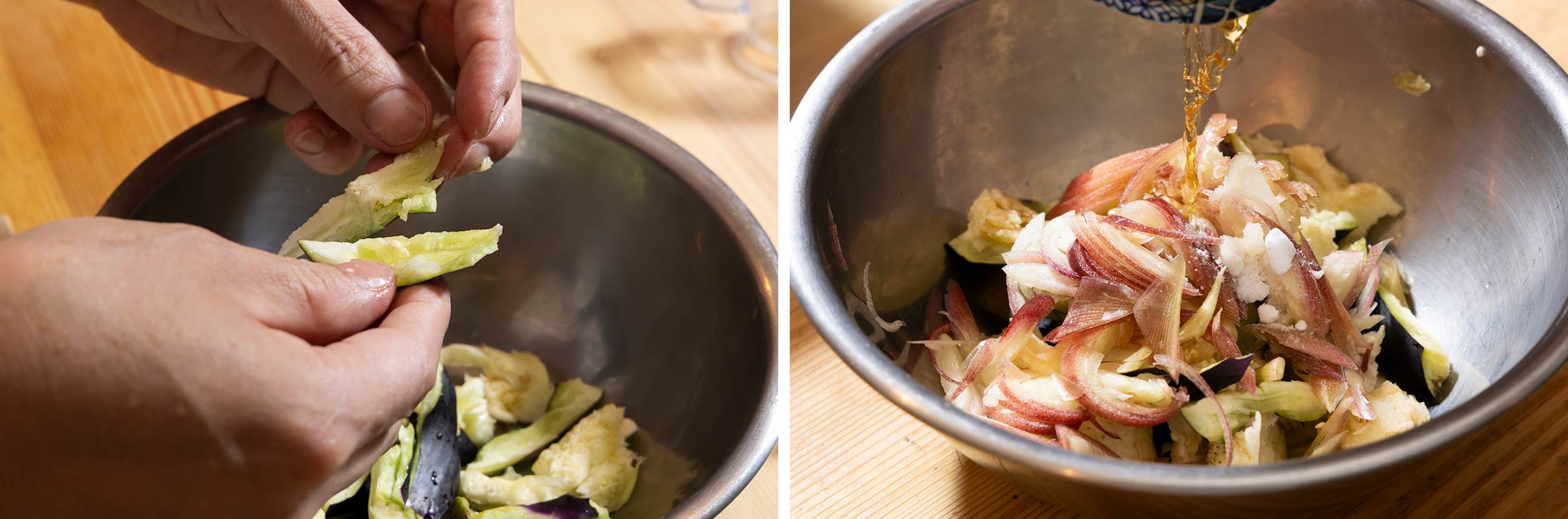 「マグロと水茄子の黄味酢パスタ」水ナスとミョウガ