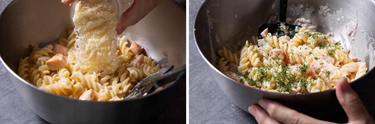 「サーモンのレモンクリームパスタ」粉チーズ＋ディル