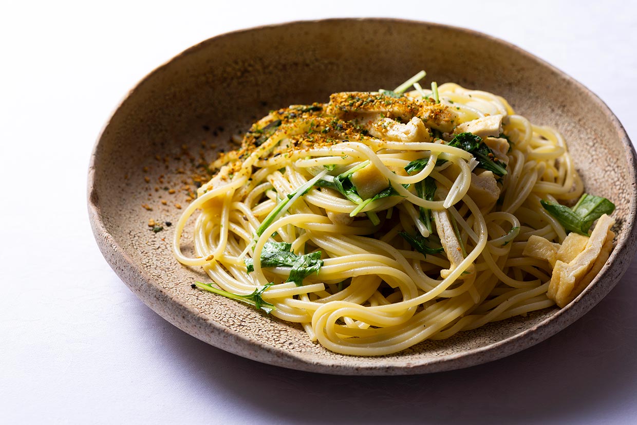「京揚げと水菜のパスタ」完成