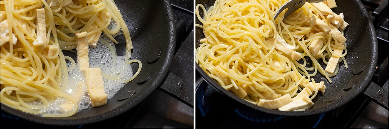 「京揚げと水菜のパスタ」ソースにパスタを加える